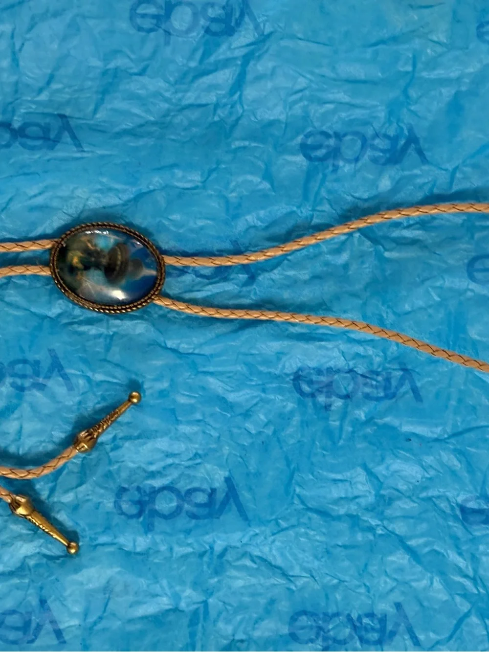 Blue Glass Oval Pendant Necklace with Antique Brass Frame